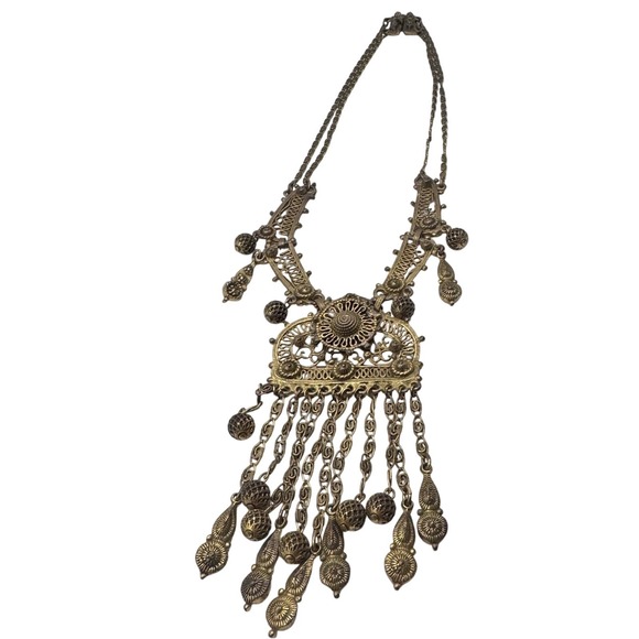 Indo Craft Brass Boho Bib Necklace - 1970sTribal Fringe Stmt necklace